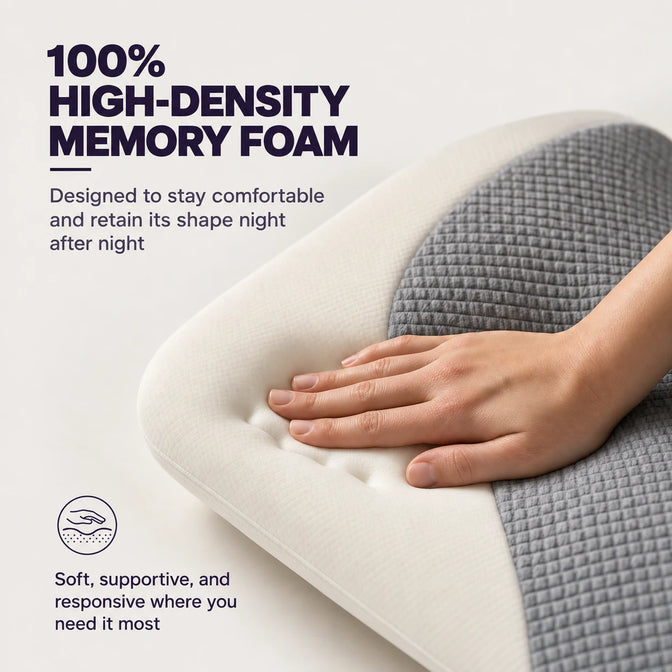 Hand pressing the Volara lumbar pillow to demonstrate its high-density memory foam